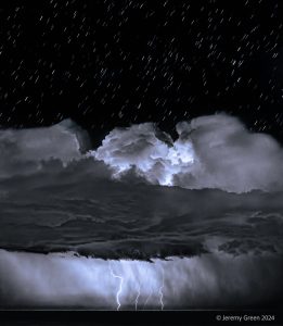 Lightning striking over ocean at night.