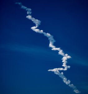 exhaust trail, blue sky, white